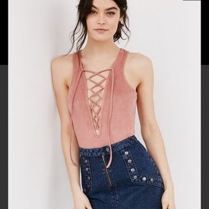 GlamorousPink Faux Suede Lace-up Bodysuit
 Size M